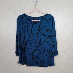 10172 FINAL PRICE Alfani teal and black floral print 3/4 sleeve knit top M
